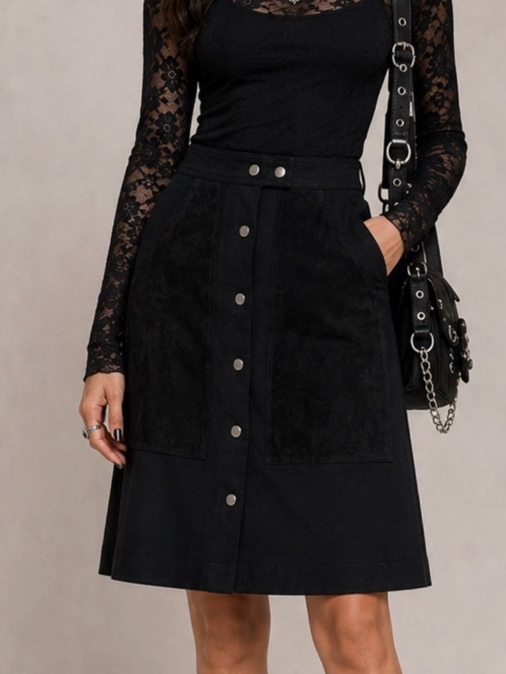 Theory Skirt Womens Size 4 Black Lamb Leather Trim Snap Midi Goth Biker